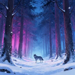 snowstorm landscape, horizon, cinematic lighting, synthwave, colorful, forest, anime, wolf in the middle