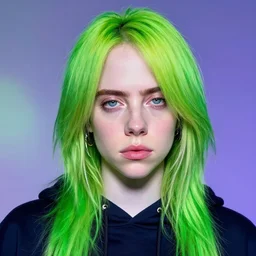 portrait of billie eilish, green hair, future, by greg rutkowski, colorful, trending on artstation,