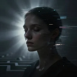 dark expressive portrait of the digitally glitched soul, dramatic lighting, lonely, bliss, serene, god rays, edges, universal background, backlight,  soft diffusion, facial expression, chiaroscuro, character, atmospheric lighting, motion design, by Beksinski, maze, sharp focus, deviantart, irridescent, intense knowledge, masterpiece, paradox, portrait of a soul