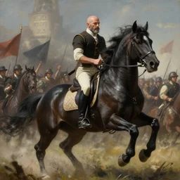 ethan van sciver with a bald head and short grey beard riding a black stallion horse into battle, beautiful artwork by artgerm and rutkowski, breathtaking, beautifully lit, dramatic
