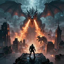 mega detail, gigantic city, random inference, dragons breathing fire, dark magic, night fog, clouds, the matrix, in a battle, video game, final boss, character on platform in front of camera, final attack