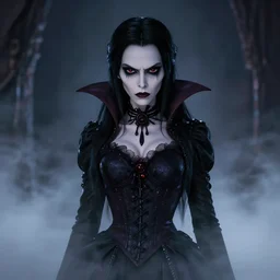 full shot portrait of angry darkness vampire anime girl, gothic clothing, worrying eyes, inspired by Tim Burton, detailed, unreal engine 4k volumetric light, fog,