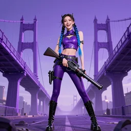 close portrait insane pretty girl, evil, 2 long blue braids, pistol and bazooka, high boots, purple bridges with leggins, purple top, smiling laugh, particles explosion, elegant intricate matte sharp focus 8 k by ting xue