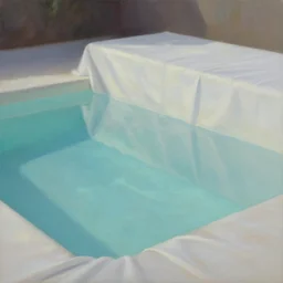 a glistening pool, dramatic lighting, white draping tablecloth, oil painting, pale colors, high detail, 8 k, wide angle, trending on artstation,