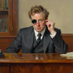 palette knife oil painting portrait of graham, a fellow in a three - piece suit and single monocle covering his right eye, peering over from his heavy, lacquered oak reception desk, extreme detail, artstation trending, artgerm, any racial background, deviant art, octane, substance, art history 8 k