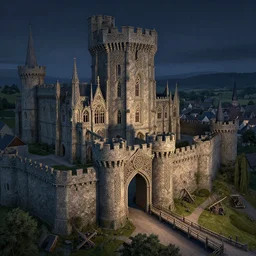 intricate celtic castle at night with stone architecture, massive gates, tower keep, drawbridge, church, village by greg rutkowski, artstation and rodney matthews, extremely hyperdetailed, intricate construction, ramparts, battlements, catapults, archers, uhd