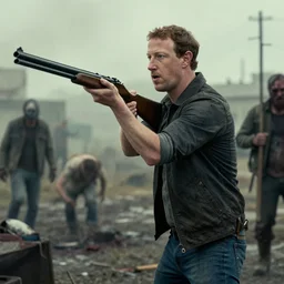 mark zuckerberg wielding a shotgun in a zombie apocalypse movie