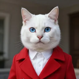 a white cat with blue eyes wearing a red formal overcoat, hyperrealistic, concept art, octane render, unreal engine 5, realistic and defined face, profile picture, digital art, pixar and disney style, symmetrical, high quality, highly detailed, high coherence, path traced, house background, low contrast, beautiful, elegant clothes