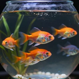 hyper - realistic portrait of colorful fish in glass bowl, photorealism, very sharp focus, portrait photography, volumetric lighting, insanely detailed, artstation, 4 k, 8 k