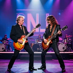 full band photo with eric clapton and frank zappa, epic guitar duel, jim marshall photography, iconic photo, vaporwave light show, snl stage, 8 k