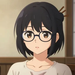 cute nerdy anime girl with short black hair and glasses, chopsticks in hairbun, beautiful lineart, depth focus, rankings pixiv, artstation, soft lighting, srgb, 4 k artstation, cinematic, by kadokawa, nitroplus, ilya kuvshinov, ross tran, leyendecker, wlop guweiz
