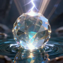 an exquisite fantasy illustration of a faceted crystal ball in water + prism + god rays + dramatic lightning + backlit + specular highlights + ambient occlusion + global illumination + bump map + reflective + caustics + refractive + unreal engine 5 + DOF + sharp focus