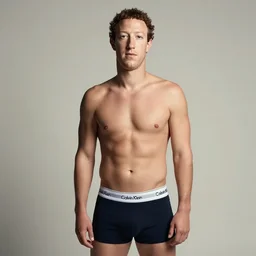 Photo of Mark Zuckerberg in swimsuit, soft studio lighting, photo taken by Martin Schoeller for Calvin Klein, award-winning photo, 24mm f/1.4