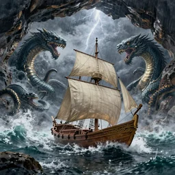 Ancient Greek Sailing Vessel, The Argo, Plows through storm tossed ocean waves, Scylla and Charybdis, enormous Krakens, threaten from a rocky caves, the air is alive with rain lighting and fear by Jessica Rossier and HR Giger cinematic concept painting