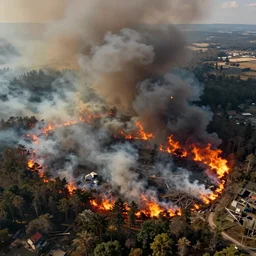 hyper realistic overhead view of an large area with forest fires, pollution, climate change, destruction, octane render,