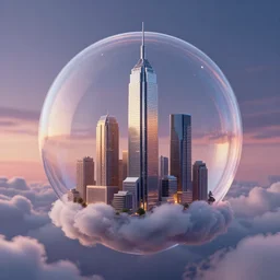 miniature skyscraper inside a bubble, floating on clouds, realistic 3 d render, unreal engine, solarpunk, maya, 8 k, smooth, sharp focus, octane, twilight
