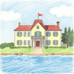 mansion on the ocean, crayon drawing