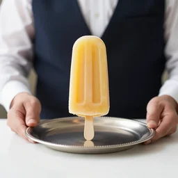 a butler serving a golden popsicle on a silver plate, professional photograph, canon eos