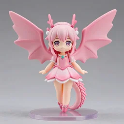 accurate detailed pvc, figure of dragon girl with pink scales, wearing a pink dress, giant wings, nendoroid!!! figurine!!!, studio lighting, grey background, no shadow, trending on artstation, 4 k, sharp!!!