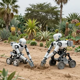 robots harvesting a permaculture jungle in the desert, XF IQ4, 150MP, 50mm, F1.4, ISO 200, 1/160s, natural light