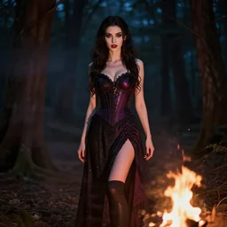 a beautiful vampire girl is standing in the forest at night on fire