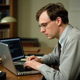 alan turing writes code on a laptop, 8 k