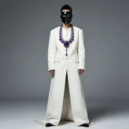 male ulzzang with white leather garment, black porcelain fashion mask, purple crystal jewelry, full shot, fashion photography, by irving penn and storm thorgerson, ren heng
