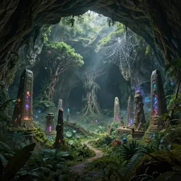 photo an overgrown deep underground cave on another world embellished with a lush overgrown jungle of beautiful ancient alien trees, alien elvish cave village, scattered complex ancient monoliths emitting cosmic astral energy, giant spider webs hanging from the cave ceiling nebula fog and cosmic mist, 4 k rtx hdr volume light concept studio matte painting environment octane, ue 5, photorealistic render trending on artstation