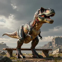 a mecha t-rex sitting on a bench, 3D, octane render, unreal engine