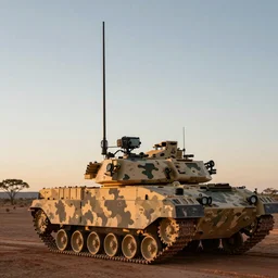 mobile camoflaged rugged weather station sensor antenna on tank tracks, for monitoring the australian desert,  XF IQ4, 150MP, 50mm, F1.4, ISO 200, 1/160s, dawn
