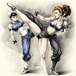most strongest pose, scarlett johansson as baki with perfect symmetrical anatomical proportions, chun li, afro samurai animes style, by greg rutkowski, pencil and ink, dramatic lighting, full body profile high kick pose
