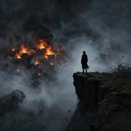 silhouette of person standing on edge of cliff, large village in distance on fire, night, smoke, particles, painting, high detailed, fantasy, particles, fog, creepy, tintoretto, beksinski, masanori warugai, wlop