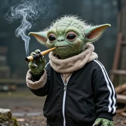 Gollum in adidas tracksuit with yoda face smokes bong