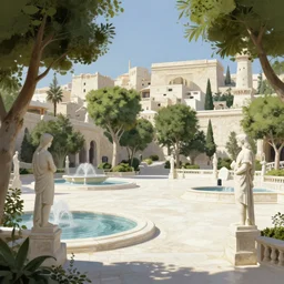 photo of a beautiful white egyptian limestone city plaza, lush trees, water fountains, statues, deep focus, highly detailed, digital painting, artstation, concept art, matte, sharp focus, illustration, art by artgerm and greg rutkowski and alphonse mucha