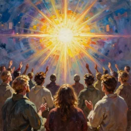 people in kansas watch the biblical end of the world, in the style of minerva teichert, oil on canvas