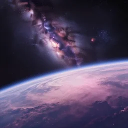 anime style hd wallpaper of outer space horizon of a planet, glittering stars scattered about, lavender and pink colors