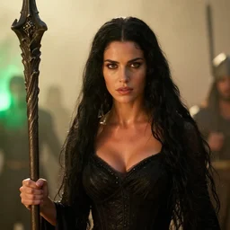 epic photo of young buxom demi moore as beautiful medieval sorceress with very long black hair, battle scene, holding her wizard staff, sweaty, neutral expression, perfect likeness, rim light, shallow depth of field, photorealistic, cinematic lighting, lovely bokeh, warm colours, dawn, movie quality, green glow from the left, excalibur 1 9 8 5, movie still, cinemascope