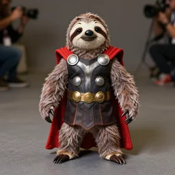an anthropomorphic sloth cosplaying as thor, dragoncon, flash photography, full length, 3 5 mm, f / 2. 8