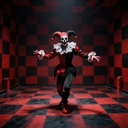 a scary jester dances in a black and red checkered room, film still from the movie directed by Denis Villeneuve with art direction by Zdzisław Beksiński, wide lens