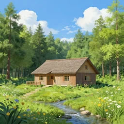 humble gorean home in the forest, detailed architectural lines, crispy, clear bright blue sky, fluffy clouds, lush, spring, wildflowers, creek, smooth, sharp focus, naturalism, trending on byron's - muse, matte painting, digital painting, art by patrick moncrief, 3 d, environment visualization,