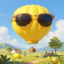 beautiful cottagecore Lemon Hot Air Balloon with Sunglasses, highly detailed, digital painting, artstation, concept art, smooth, sharp, focus, illustration, art by artgerm and greg rutkowski