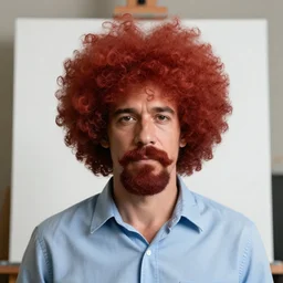 ron perlman with a giant red curly afro with a handlebar mustache while wearing a light - blue collared shirt in the foreground, a blank canvas is right behind him, with a void white background, realistic, hyperrealistic, 8 k resolution, hd quality, very detailed, highly detailed, intricate details, real life, real world, trending on artstation
