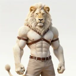 aesthetic portrait commission of a  of a male fully furry muscular anthro albino lion wearing a summer outfit and leather harness with a tail and a beautiful attractive hyperdetailed face at golden hour, fully clothed . Character design by charlie bowater, ross tran, artgerm, and makoto shinkai, detailed, inked, western comic book art, 2021 award winning film poster painting