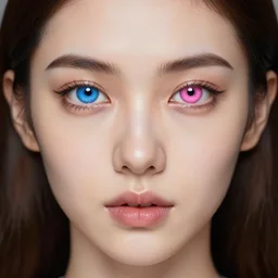 portrait of an attractive woman, with heterochromia of the eye, one eye is blue and the other eye is pink | symmetrical face, exif, hyperrealism, digital | trending on artstation, featured on arstation, cgsociety | by wlop & artgerm