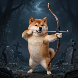anthropomorphic shiba inu, holding bow aiming to sky, dark aura, fantasy, dark graveyard scene, portrait art by donato giancola and greg rutkowski, realistic face, digital art, trending on artstation, symmetry
