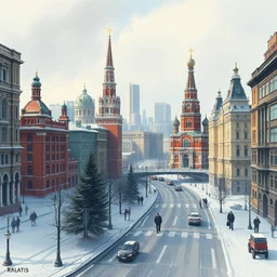 moscow city. highly detailed, digital painting, watercolor, soviet realism, engraving, artstation, concept art, smooth, sharp focus, illustration, unreal engine 5, 8 k, art by bilibin and kuvshinov and malevich and mucha