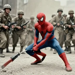 world war II photograph of spider-man fighting on the front lines