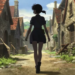 key anime visual portrait of a young female walking through a medieval village, dynamic pose, dynamic perspective, cinematic, detailed silhouette, film grain, tending on artstation, face by yoh yoshinari, detailed, intricate