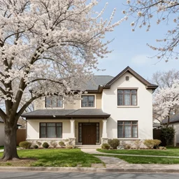 house in blossom tree