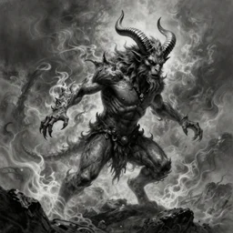 full body grayscale drawing by Anato Finnstark of horned demon in dynamic pose, swirling flames